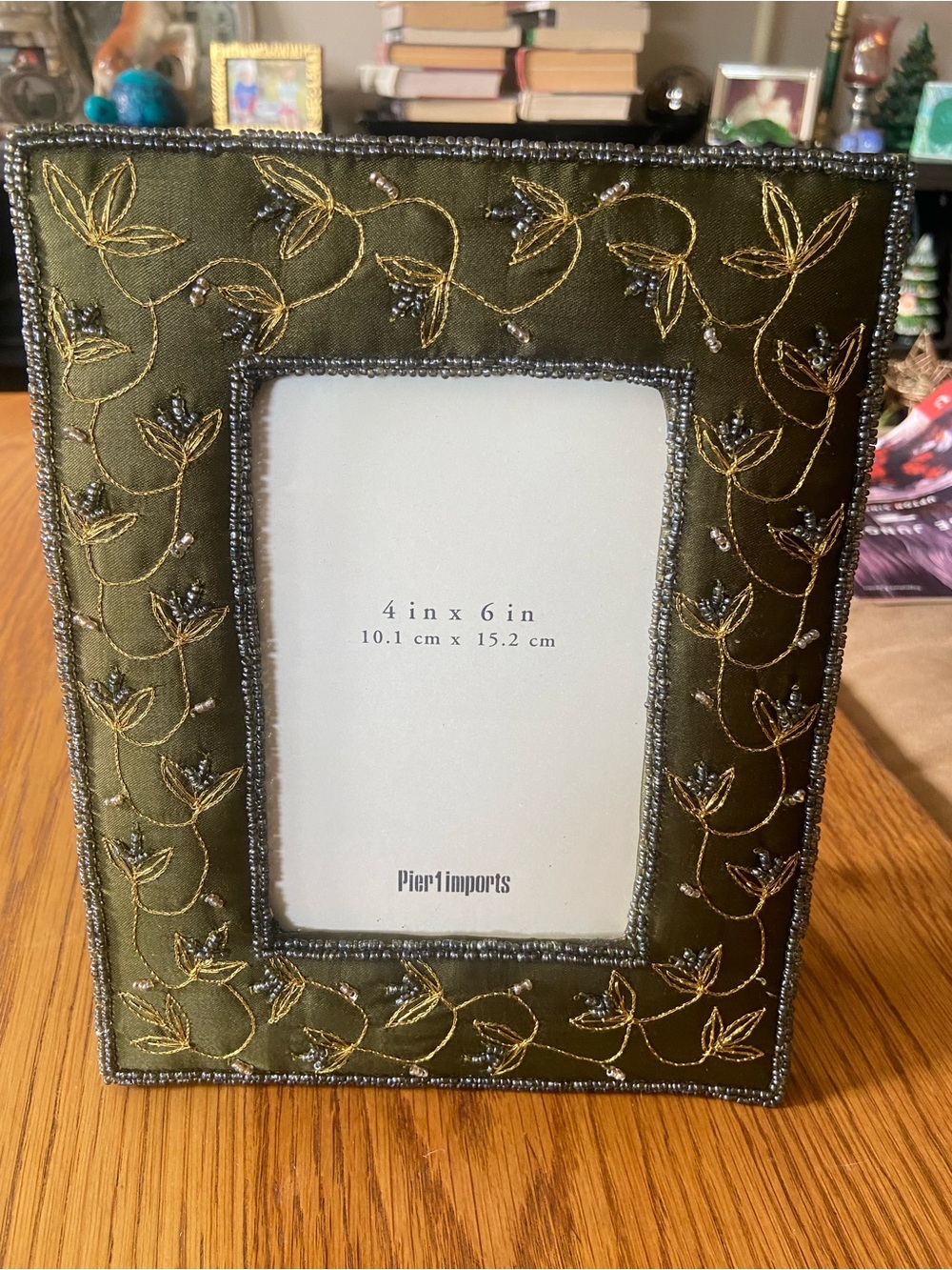 Pier 1 Olive Green Embroidered Beaded Photo Frame- 4in x 6in
